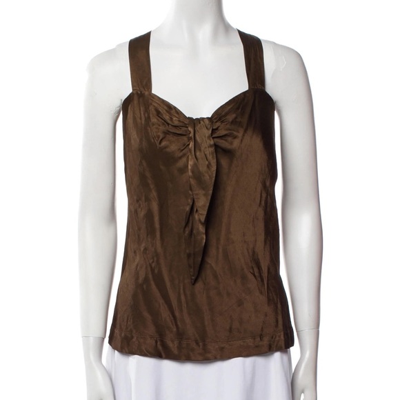 NWT Raquel Allegra Satin Tow Front Blouse Top Chocolate Brown Metallic Designer - Picture 2 of 13